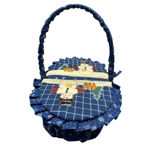 Holiday Snowman Woven Wicker Cloth Basket Lid Handle Christmas Home Decor READ - Picture 1 of 12